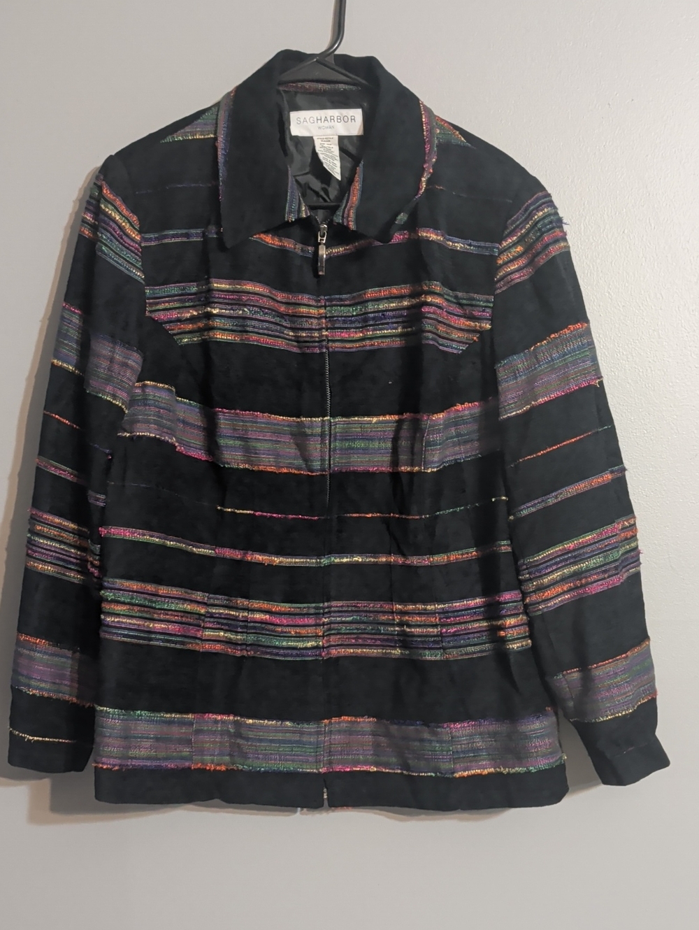 Vintage Sag Harbor Black Jacket with Colorful Metallic Stripes
